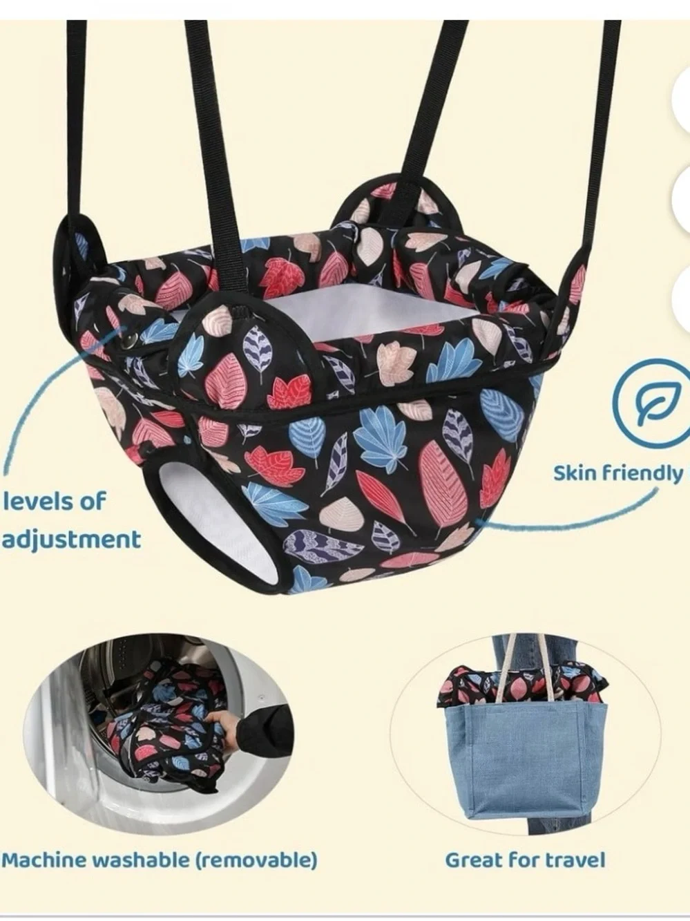 Leaf-Print Baby Doorway Jumper - Black with Pink & Blue Leaves